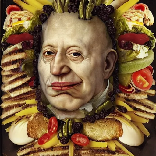 Prompt: a amazing new surrealist hybrid of a pope salad by giuseppe arcimboldo and kandinskali and catrin welz - stein, melting cheese, steamed buns, grilled artichoke, sliced banana, the pope, salami, milk duds, licorice allsort filling