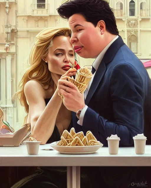 Prompt: Portrait of Michael Mcintyre & blonde Angelina Jolie eating ice creams in Porto,real life skin, intricate, elegant, highly detailed, artstation, concept art, smooth, sharp focus, art by artgerm and greg rutkowski and alphonse mucha