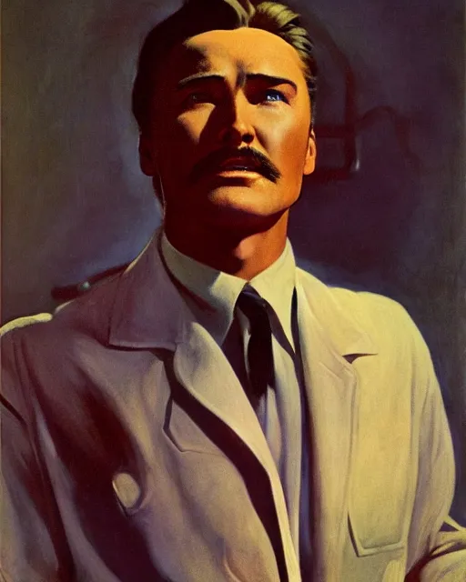 Image similar to Errol Flynn as a scientist. 1980s dystopian Soviet Russia, propaganda screens. Fantasy art by Gustave Courbet, Rosa Bonheur, Edward Hopper. Faithfully depicted facial expression, perfect anatomy, sharp focus, global illumination, radiant light, detailed and intricate environment, trending on ArtStation