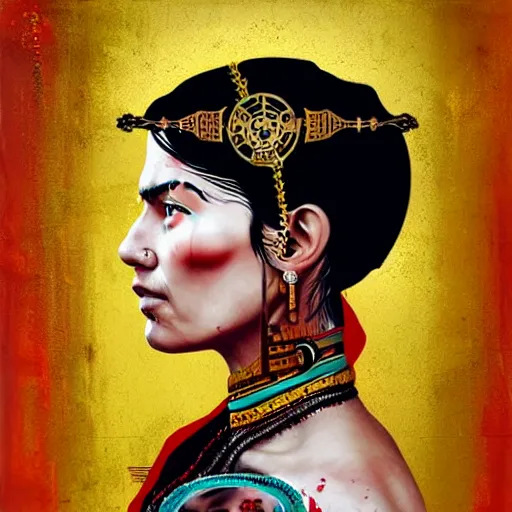 Prompt: portrait of chitral woman :: side profile :: in ocean :: clockwork details :: gold :: blood and horror :: by vikings and Sandra Chevrier