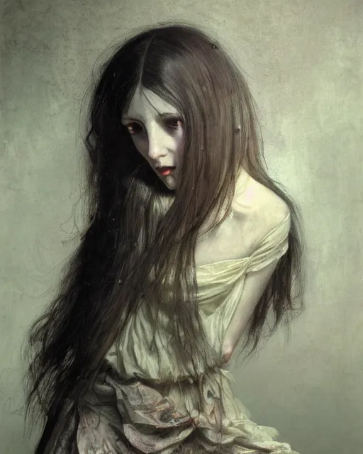 Image similar to a beautiful and eerie baroque painting of a beautiful but creepy girl in layers of fear, with haunted eyes and dark hair piled on her head, 1 9 7 0 s, seventies, wallpaper, a little blood, morning light showing injuries, delicate embellishments, painterly, offset printing technique, by brom, moebius, robert henri, walter popp