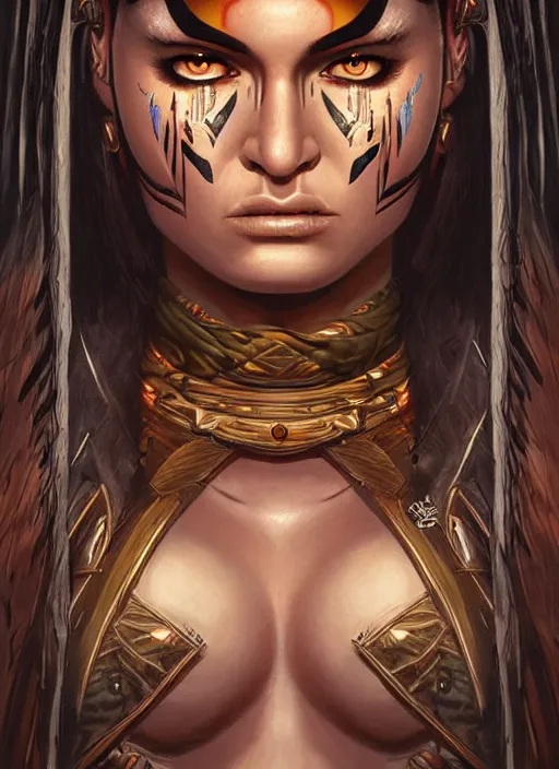 Prompt: a highly detailed symmetrical painting of a female amazon warrior with piercing beautiful eyes in dark tomb setting, dynamic lighting, ambient lighting, deviantart, art by artgerm and glenn fabry