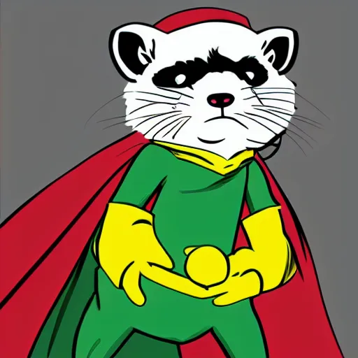 Prompt: A ferret is a superhero, wearing cute green cape, wearing black mask, wearing a yellow superhero suit, he's fighting a villain, comic book art