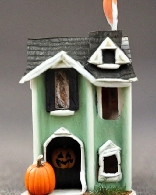 Prompt: photograph of a calico critter miniature toy cute halloween house