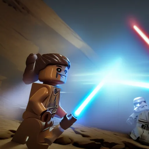 Prompt: a lego star wars battle scene with a person holding a light saber, a 3D render by George Lucas, cg society contest winner, toyism, #vfxfriday, reimagined by industrial light and magic, anamorphic lens flare