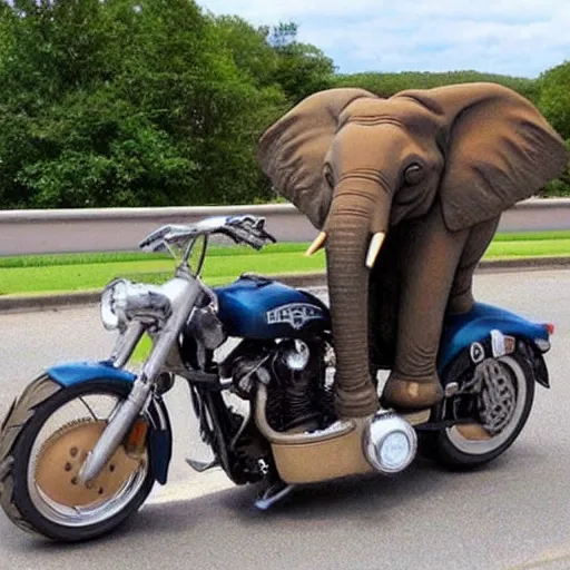 Prompt: elephant on a Harley Davidson on the road, funny picture