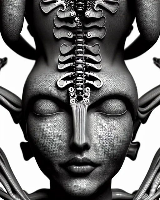 Prompt: mythical black and white organic biomechanical spinal ribbed face portrait detail of mechanical beautiful female vegetal-cyborg, highly detailed, intricate ornate, poetic, 3D render, digital art, octane render, 8K artistic photography, photo-realistic, by Man Ray