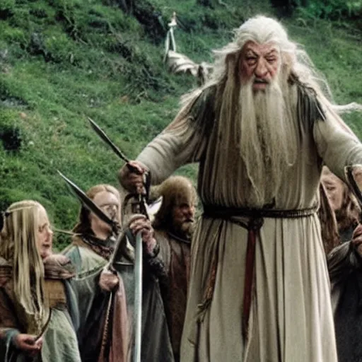 Prompt: a scene from lord of the rings, shamanic ritual run by gandalf