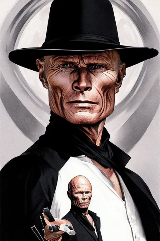 Image similar to ed harris as the man in black, westworld, wearing an all white outfit in the style of art by artgerm and greg rutkowski and alphonse mucha