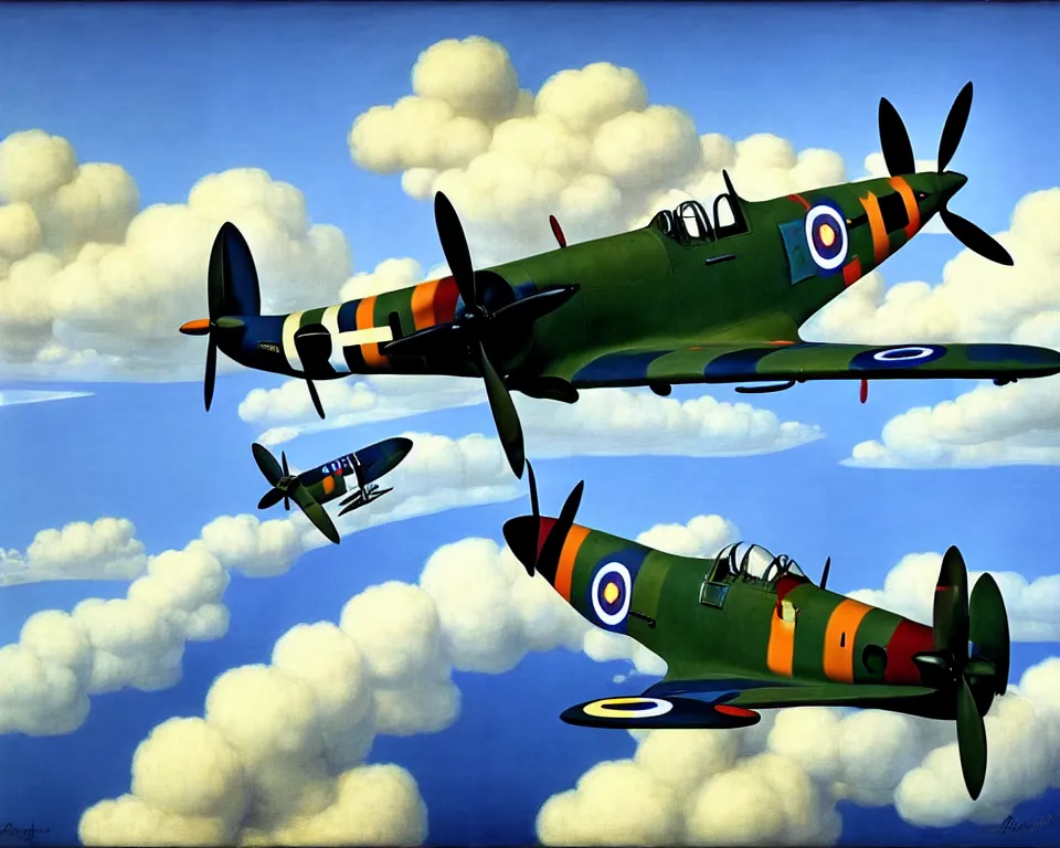 Image similar to an achingly beautiful print of one supermarine spitfire by Raphael, Hopper, and Rene Magritte. detailed, romantic, enchanting, trending on artstation.