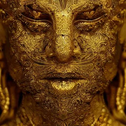 Prompt: epic deatailed golden statue of the King, surrounded by intricate gold lace metalwork on a black smokey background, close up face, modern art, trending on Artstation