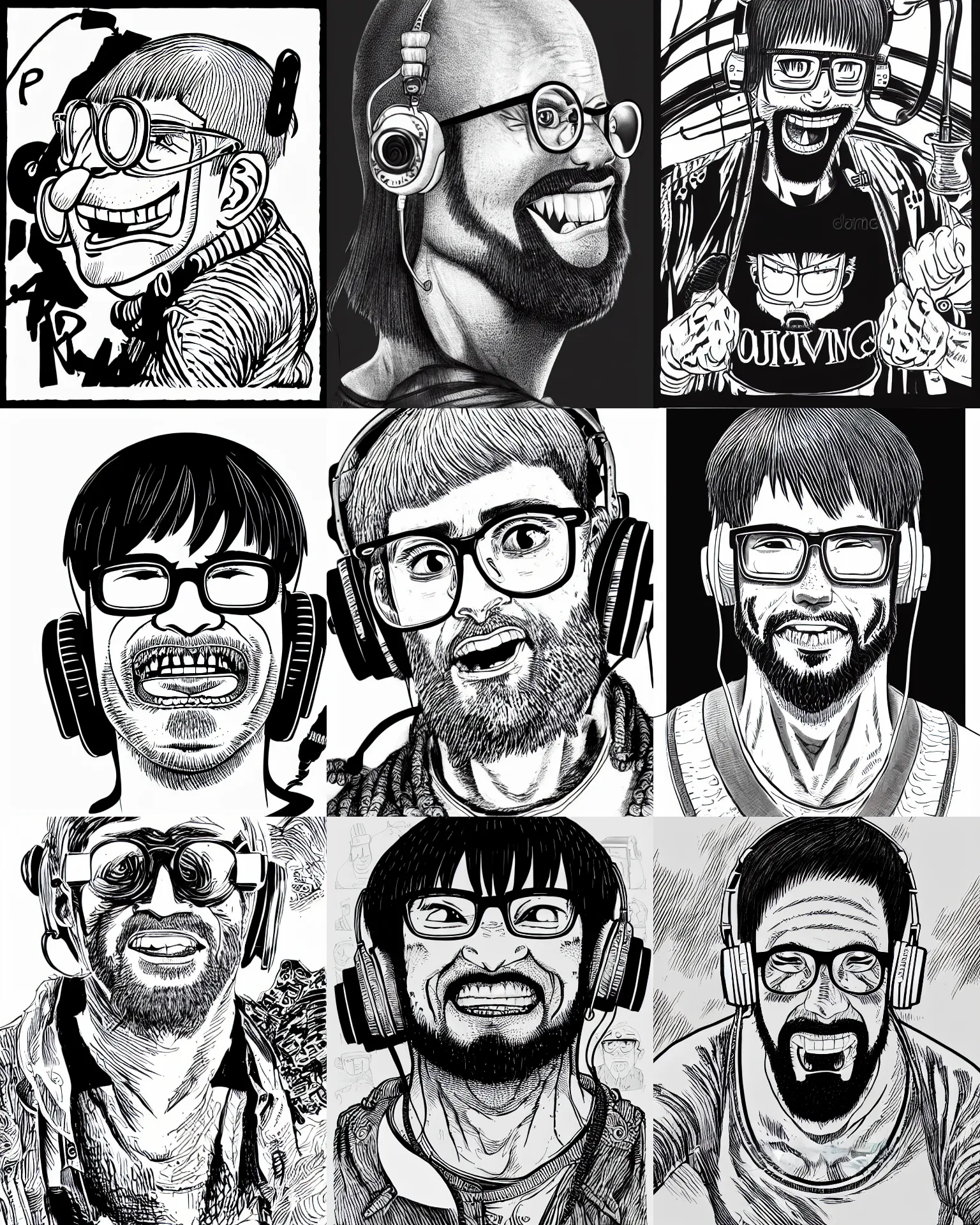 Prompt: highly detailed ink illustration of a buff smiling man with long stubble, square glasses and black bowl cut, wearing a black tshirt and onear headphones, b & w clean shaped illustration by kim jung gi and eiichiro oda