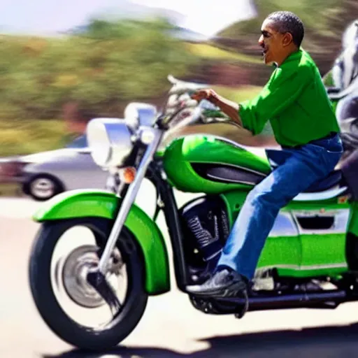 Prompt: realistic photo of Obama riding a motorcycle and holding a green chaos emerald