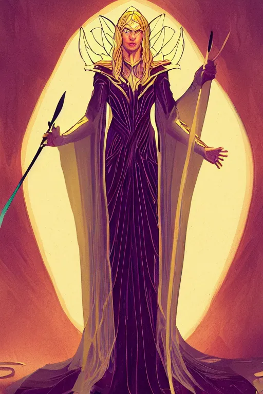 Prompt: tarot illustration of galadriel as the empress by artstation