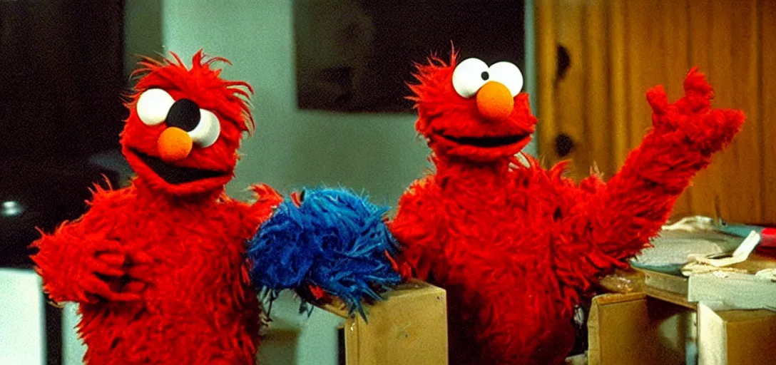 Image similar to still of drug - addicted elmo in requiem for a dream ( 2 0 0 0 ), cinematography by emmanuel lubezki, sesame street puppets, gritty, visceral