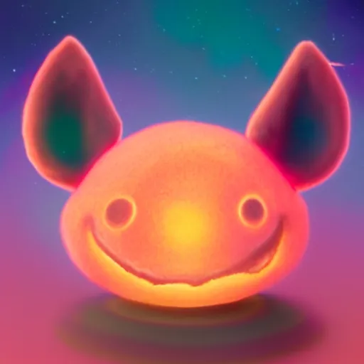 Image similar to an alien with a face that looks like a fuzzy peach the peach is fuzzy pink warm and ripe the alien has horns and a mean smile, 4k, highly detailed, high quality, amazing, high particle effects, glowing, majestic, soft lighting