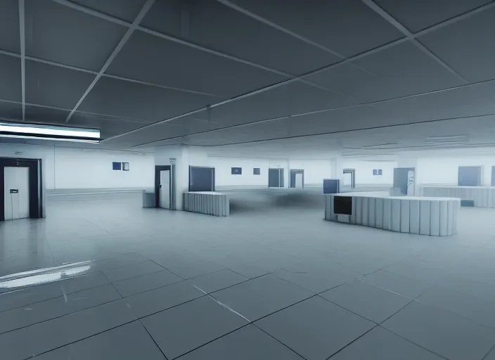 Prompt: cctv footage of a large white empty breakroom with a security checkpoint, retrofuturist liminal space, familiar place, clean, black mold, amateur, unreal engine, photorealistic, trending on artstation