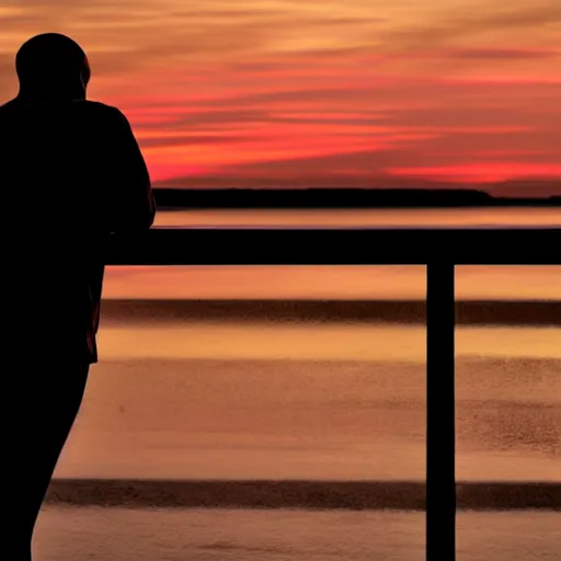 Prompt: a silhouette of a man staring at a sunrise,