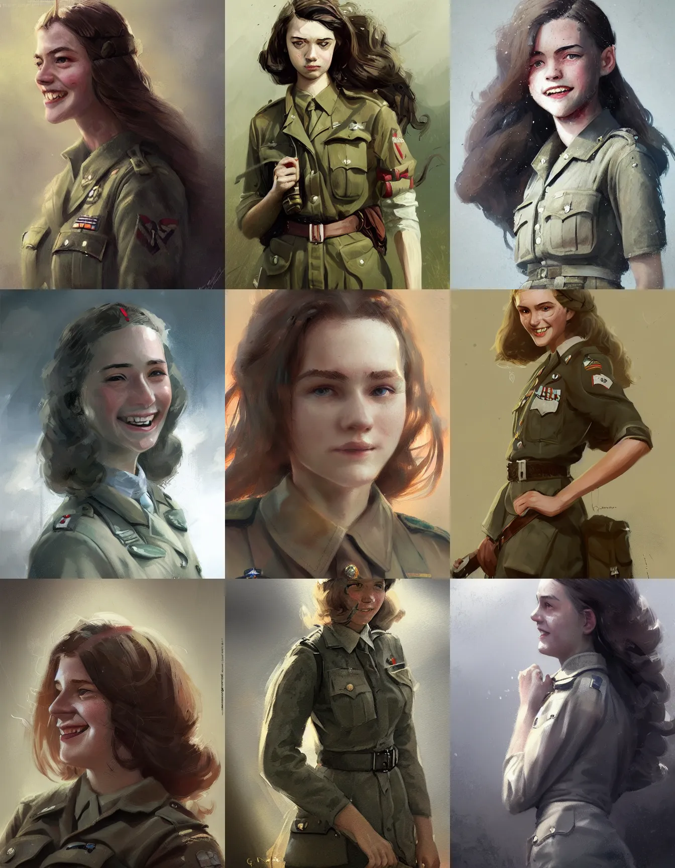 Prompt: teenage female ww 2 soldier, long hair, dress, smiling, digital portrait by greg rutkowski, intricate, sharp focus, highly detailed, cinematic, epic, artstation