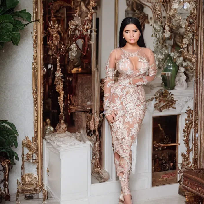 Prompt: a photograph of Demi Rose wearing Kebaya in a mansion, natural light, detailed face, CANON Eos C300, ƒ1.8, 35mm, 8K, medium-format print
