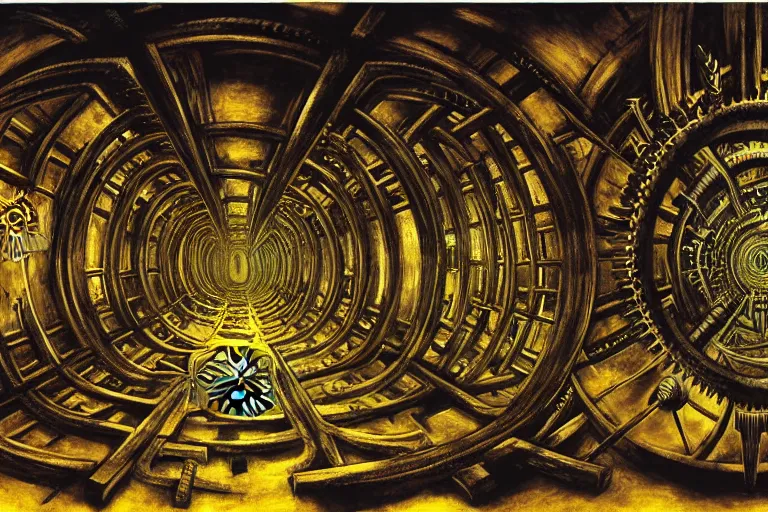 Image similar to the inside of a symmetrical hellish dungeon, mirrors and ancient gears, matte painting, 4 k, epic composition, volumetric light, abstract illusionism, by william stout, roberto da matta, pour paint