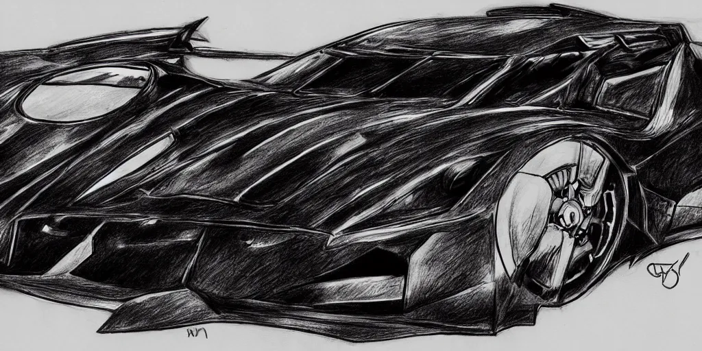 Image similar to ballpoint pen drawing of the batmobile, batman, arkham knight