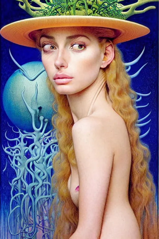 Image similar to realistic detailed face portrait painting of a beautiful hailey bieber with blond hair with sci-fi headwear, futuristic sci-fi forest on background by Jean Delville, Amano, Yves Tanguy, Alphonse Mucha, Edward Robert Hughes, Roger Dean, moebius, hilma af klint, rich moody colours, blue eyes