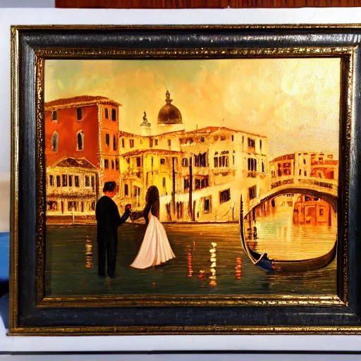 Image similar to an oil painting of couple kissing, in a background fireworks in venice