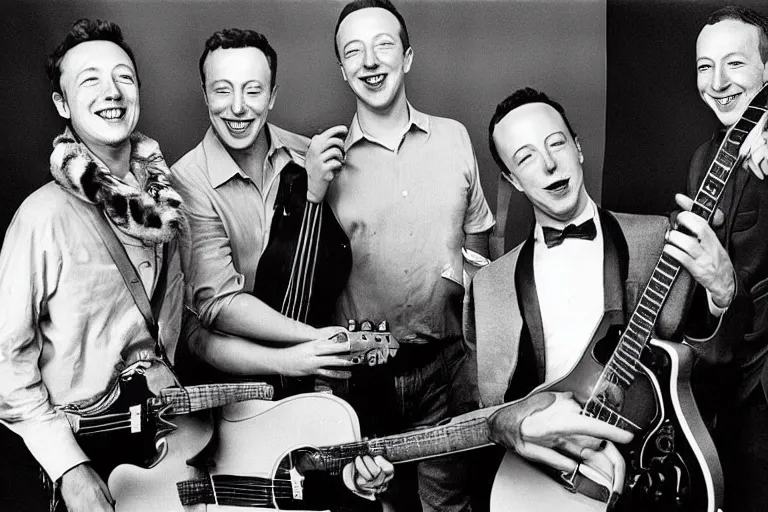 Prompt: a world press photo winner hasselblad medium format group - photo of elon musk, zuckerberg and bezos, as a 1 9 6 0's rockband by anne leibovitz