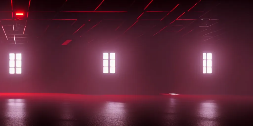 Image similar to a long angle shot of a big dark room with white lights on the celling and a long hallway at the end of the room with red lights on the celling, highly detailed, unreal engine, 4 k, dark, moody, foggy, game render, hyper realistic