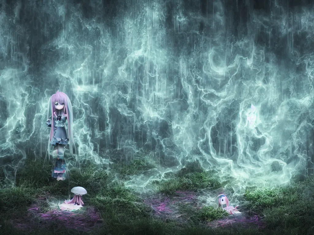 Prompt: cute fumo plush of a gothic maiden girl, inverse color, overdose, overgrown flooded mystical mushroom forest temple, mysterious ritual over tempestuous stormy water, wisps of volumetric vortices of glowing smoke and fog, vignette, vray