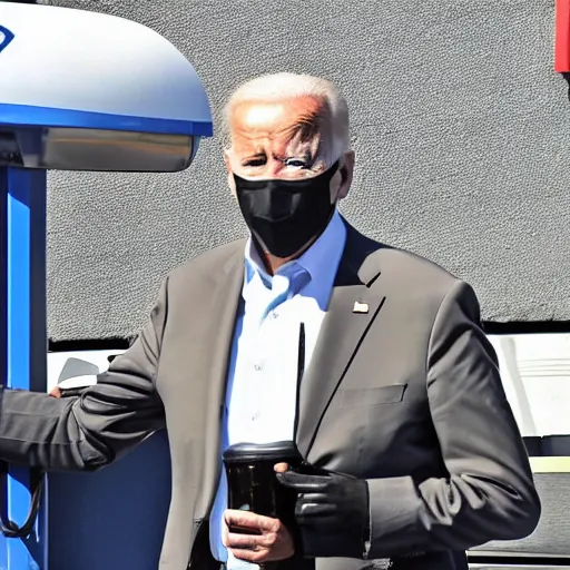 Image similar to joe biden at the gas station pumping gas into his mouth