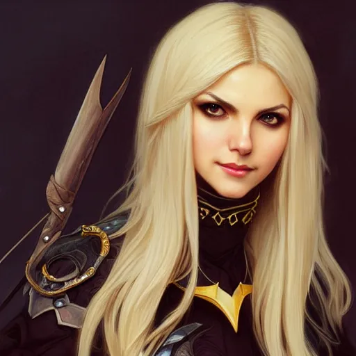 Image similar to Blonde Victoria Justice as Bat Girl, western, D&D, fantasy, intricate, elegant, highly detailed, digital painting, artstation, concept art, matte, sharp focus, illustration, art by Artgerm and Greg Rutkowski and Alphonse Mucha