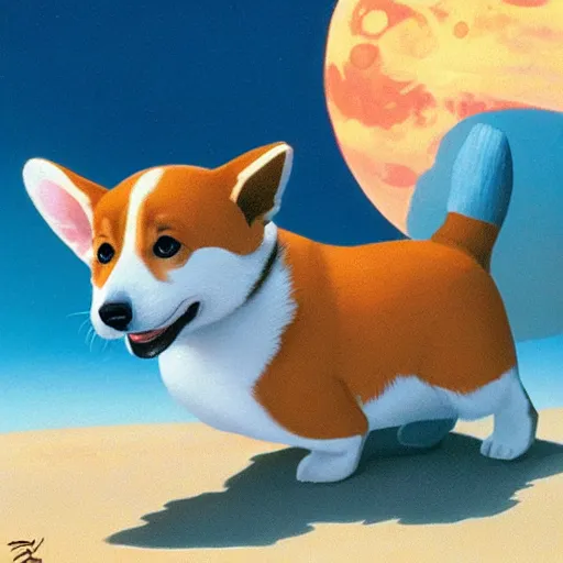 Prompt: corgi puppy on the moon, beautiful digital art by ralph mcquarrie, clean, smooth, calm