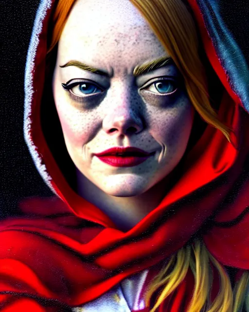 Prompt: hyperrealistic mixed media painting of Emma Stone as little red riding hood, dark foggy forest background, stunning 3d render inspired art by P. Craig Russell and Barry Windsor-Smith + perfect facial symmetry + dim volumetric lighting, 8k octane beautifully detailed render, post-processing, extremely hyperdetailed, intricate, epic composition, grim yet sparkling atmosphere, cinematic lighting + masterpiece, trending on artstation, very very detailed, masterpiece, stunning