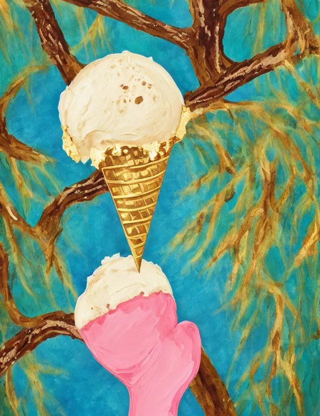 Prompt: ice cream spirit lost in a forest. this art noveau gouache and gold leaf painting has a beautiful composition.