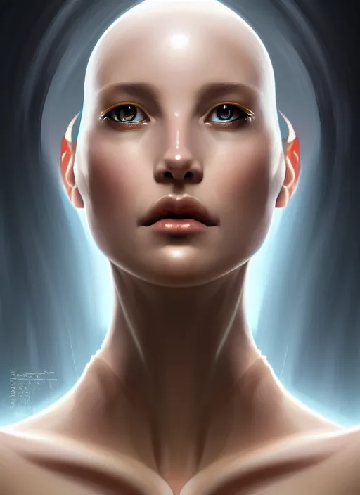 Image similar to portrait of female android, symmetry, intricate, elegant, highly detailed, smooth, sharp focus, concept art, digital painting, illustration, artstation, by fra angelico and greg ruthkowski