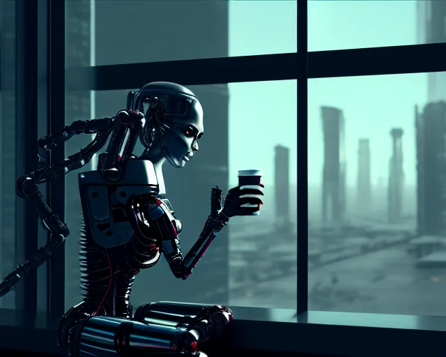 Prompt: terminator mechanical lady with borg enhancements and optical fibers is drinking coffee near a window with dystopian city visible outside. very detailed 8 k. cyberpunk fantasy style. unreal engine render. global illumination. nanite. rtx. path tracing.