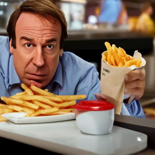 Image similar to saul goodman eating at mcdonald's, realistic, ultra high detail, 8 k.