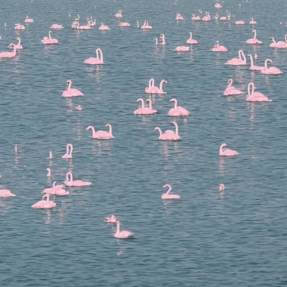 Prompt: A photograph of a cat with a human body wearing a summer dress walking on the surface of a lake surrounded by dancing pink swans