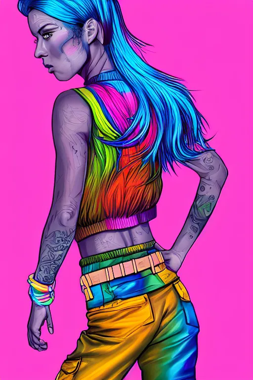 Image similar to a award winning half body portrait of a beautiful woman with stunning eyes in a printed croptop and cargo pants with rainbow colored ombre hairstyle head in motion and hair flying by josan gonzales, outrun, vaporware, shaded flat illustration, digital art, trending on artstation, highly detailed, fine detail, intricate