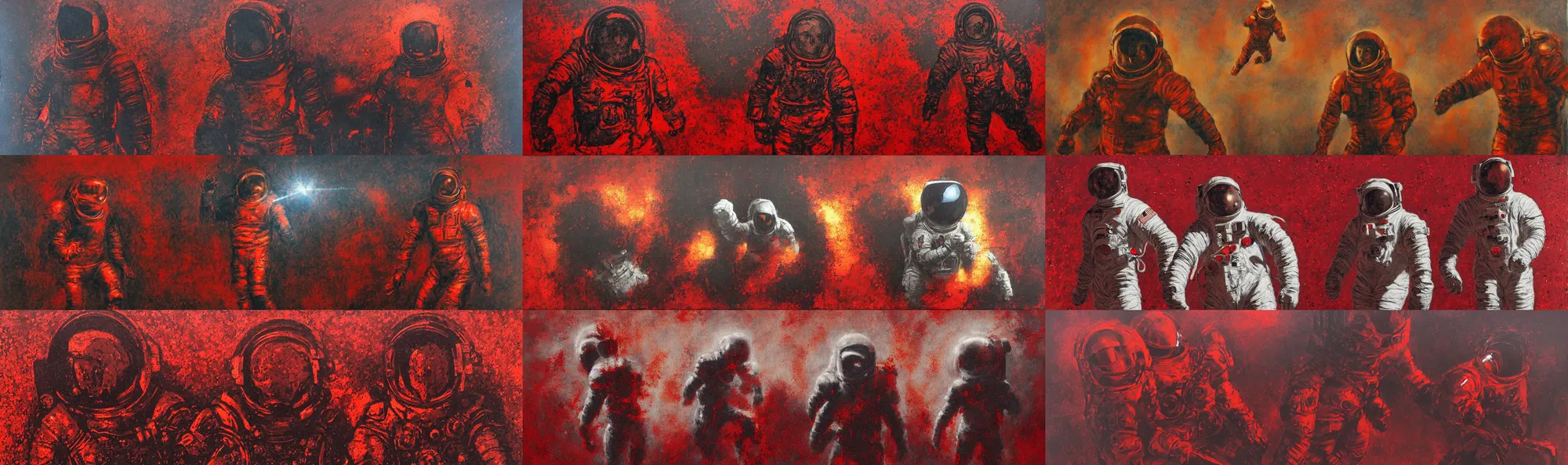 Prompt: astronaut!! - gladiators!! with ceramic armor and knives, tonalist, luminist, symbolist, figurative art, concept art, chiaroscuro, grisaille, palette knife, frenetic, stippling, shadows, luminous, sublime, edge lighting, backlighting, burnt sienna and venetian red
