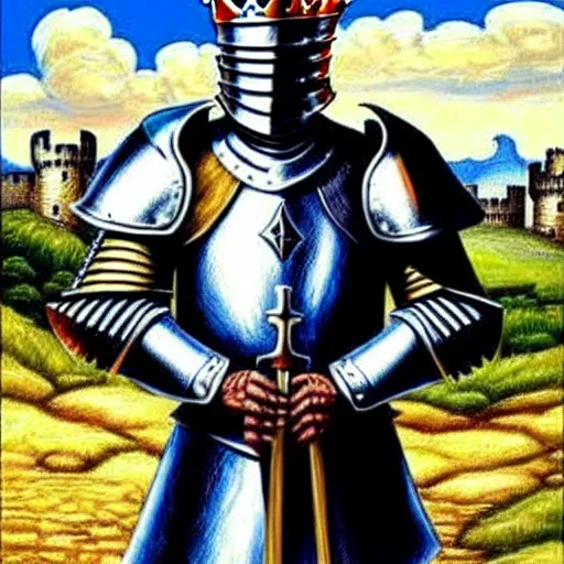 Image similar to knights armor, donald trump, crown!!!!!!, donald trump's face, detailed face, painting of a knight, boots!!!!!!, medieval castle background, valiant, by hans thoma