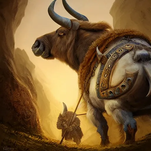 Image similar to digital painting of an ox as a viking by filipe pagliuso and justin gerard, symmetric, fantasy, highly, detailed, realistic, intricate