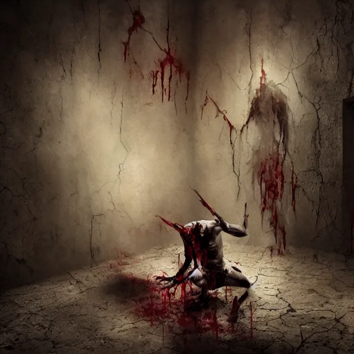 Image similar to horrific demonic vampire lurking in corner of the room, while blood flows out from below, sharp focus, 4 k ultra hd, fantasy dark art, apocalyptic art