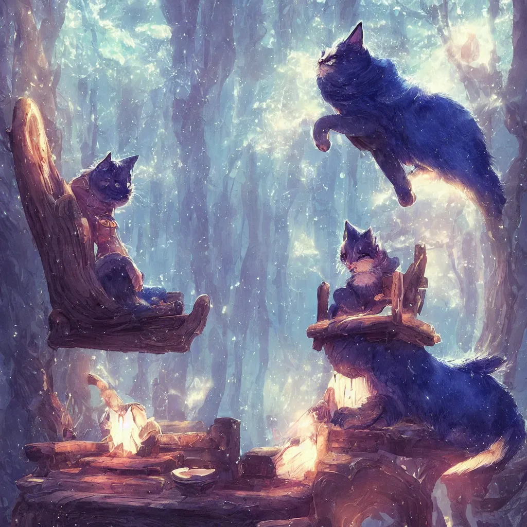 Image similar to anime cat with cloak sitting on a magical wood carved chair, super powers, glowing tiny blue lines, concept art, by greg rutkowski, overdetailed art