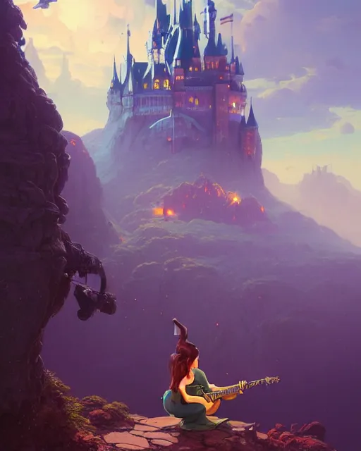 Image similar to highly detailed surreal vfx portrait antropomorphic rat holding guitar looking castle in the distance stephen bliss unreal engine greg rutkowski loish, rhads, beeple, makoto shinkai and lois van baarle ilya kuvshinov rossdraws, tom bagshaw, alphonse mucha, global illumination, detailed and intricate environment