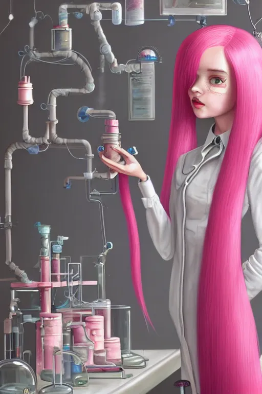 Image similar to highly detailed, industrial photograph profile photo of adult princess bubblegum from adventure time, detailed and intricate environment, working in her science lab, wearing lab coat, long bubblegum hair, long straight bangs, confident, beautiful, attractive, illustration concept art by nicoletta ceccoli, mark ryden, lostfish, 8 k resolution, hyperrealistic, octane render