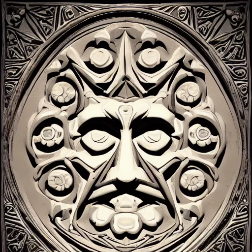 Image similar to a face made of black cast iron on a black background. gothic baroque. low poly. symmetry. epic. ominous shapes. hyper detailed.