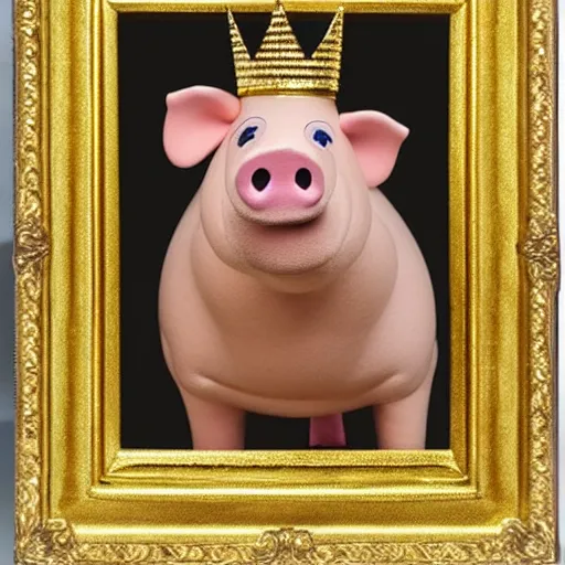 Image similar to studio photograph of a pig depicted as a muppet wearing a gold crown, front view